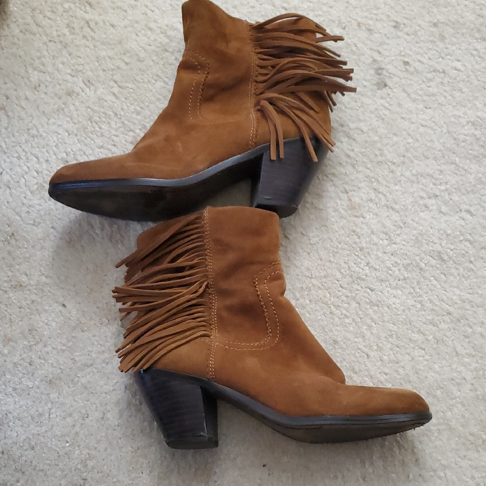 SAM EDELMAN, Brown Suede Fringe Ankle Boots Size 7-1/2M